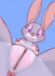 anthro anus areola bedroom_eyes breasts buckteeth ears_up female fur genital_focus genitals grey_body grey_fur looking_at_viewer looking_down looking_down_at_viewer low-angle_view narrowed_eyes nipples nude purple_eyes pussy pussy_focus seductive simple_background smile solo teeth worm's-eye_view cheexy disney zootopia judy_hopps lagomorph leporid mammal rabbit absurd_res hi_res