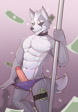abs anthro chest_tuft choker claws clothing clothing_pull countershading dancing erection eye_patch eyewear falling_money fur fur_tuft genitals glans grey_ears grey_tail head_tuft humanoid_genitalia humanoid_penis jewelry legband looking_at_viewer male money muscular muscular_anthro muscular_male navel necklace pecs penis pink_glans pink_penis pole pole_dancing presenting presenting_penis purple_clothing purple_thong purple_underwear scar smile solo stripper stripper_pole tail thong thong_pull tuft underwear underwear_pull working jrjresq nintendo star_fox wolf_o'donnell canid canine canis mammal wolf 2021 hi_res