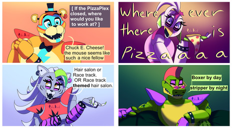 blue_eyes claws dialogue eyewear female fingers food furniture humor machine male pizza question red_eyes sharp_teeth sofa sunglasses teeth text yellow_eyes ridicbird five_nights_at_freddy's five_nights_at_freddy's:_security_breach scottgames steel_wool_studios glamrock_chica glamrock_freddy montgomery_gator roxanne_wolf animatronic avian bear bird canid canine canis chicken crocodile crocodilian galliform mammal phasianid reptile robot scalie wolf 2023 absurd_res comic digital_media_(artwork) english_text hi_res