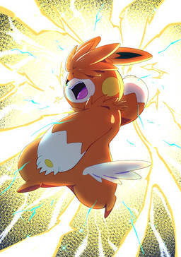 ambiguous_gender anthro cheek_spots electricity fur green_inner_ear head_tuft looking_at_viewer neck_tuft open_mouth orange_body orange_ears orange_fur pawpads paws solo tail tuft white_body white_fur white_tail yellow_cheeks matchstick_39 nintendo pokemon generation_9_pokemon pawmot pokemon_(species) 2026