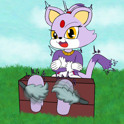 anthro barefoot bdsm bondage bound clothed clothing featureless_feet feet female foot_focus fully_clothed fur outside purple_body purple_fur restraints simple_background solo stocks tickling tickling_feet ticklebunny sega sonic_the_hedgehog_(series) blaze_the_cat domestic_cat felid feline felis mammal 1:1 digital_media_(artwork) hi_res