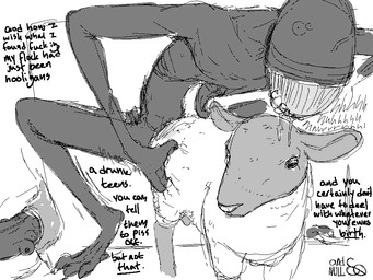 bestiality bodily_fluids body_horror cutaway dialogue doggystyle drooling duo exposed_muscle eyeless female feral feral_penetrated from_behind_position interspecies male male/female onomatopoeia orifice_tugging penetration realistic_feral saliva sex sound_effects text vaginal vaginal_penetration vaginal_tugging warts qwaxi~lixard bovid caprine humanoid mammal monster sheep 4:3 black_and_white english_text monochrome