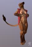 3d_(artwork) anthro athletic athletic_anthro athletic_female bottomless breasts brown_body brown_eyes brown_fur claws clothed clothing digital_media_(artwork) digitigrade felid female fur genitals grey_background hoodie jorie_(thirteeenth) lion mammal mostly_nude navel nipples pantherine pussy simple_background solo thirteeenth topwear undressing