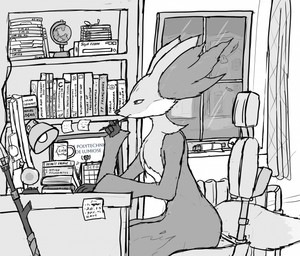 ambiguous_gender anthro book bookshelf calendar chair computer desk electronics fur furniture furniture_lamp globe holding_object holding_stick inner_ear_fluff looking_down magic_wand narrowed_eyes on_chair pseudo_clothing radiator sitting sitting_on_chair solo stick table tail text tuft window harker_(artist) nintendo pokemon delphox generation_6_pokemon pokemon_(species) english_text hi_res monochrome