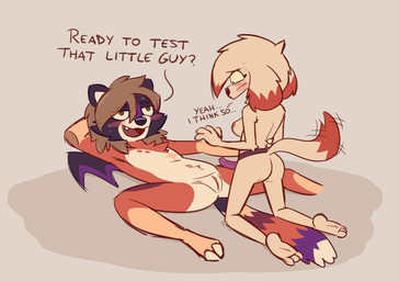 anthro anthro_on_anthro areola blush breasts chest_tuft dialogue female female/female flat_chested genitals imminent_sex lying nervous nipples nude nude_anthro nude_female on_back strapon tail tail_motion tailwag text tuft vulva teeveeomegas luna_(seabaskspice) teevee_(teeveeomegas) bat canid canine canis domestic_dog mammal procyonid raccoon 2025 english_text hi_res