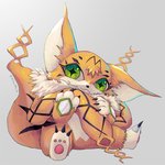 ambiguous_gender black_markings claws green_eyes holding_tail markings one_ear_up orange_body pawpads sitting solo tail toe_claws tuft kira_dra_h bandai_namco digimon digimon_(species) domestic_cat felid feline felis maine_coon mammal meicoomon 1:1