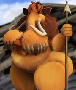 anthro anthrofied belly big_belly big_breasts big_butt breasts butt clothing female genitals half-closed_eyes huge_breasts huge_butt ineffective_clothing looking_at_viewer melee_weapon narrowed_eyes overweight overweight_anthro overweight_female polearm smile smiling_at_viewer solo spear thick_thighs vulva weapon wide_hips crabtopus blue_sky_studios ice_age_(series) ellie_(ice_age) elephantid mammal mammoth prehistoric_species proboscidean woolly_mammoth absurd_res hi_res
