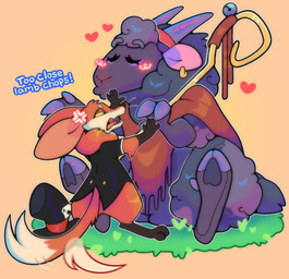 accessory anthro big_ears blush clothing coat dialogue duo ear_piercing female hair_accessory hairband hat headgear headwear hooves male male/female nose_blush piercing poncho shepherds_crook simple_background size_difference suit tail_flick tailcoat top_hat topwear whiskers dragonpatches meep_sheep sherman_fennec bovid canid canine caprine fennec_fox fox mammal sheep true_fox absurd_res hi_res