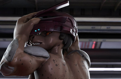 anthro armor biped breasts brown_body brown_hair claws clothed clothing female finger_claws freckled_arms freckled_back freckles hair headgear helmet helmet_removal looking_back orange_eyes rear_view shoulder_pads side_boob snout solo teeth topless silent_sfm halo_(series) microsoft xbox_game_studios alba_(character) alien jiralhanae mammal primate 3d_(artwork) bust_portrait colored digital_media_(artwork) portrait