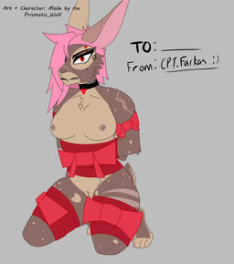 1_eye angry anthro barely_visible_genitalia bite_mark bound breasts choker cross-popping_vein digitigrade eyebrow_piercing facial_piercing female genitals hands_behind_back jewelry kneeling necklace nipples piercing ribbons scar solo spots text prismatic_wolf belladonna_(prismatic_wolf) lagomorph leporid mammal rabbit absurd_res english_text hi_res