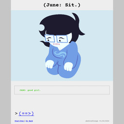 bdsm black_hair blush blush_lines buckteeth clothed clothed_female clothing comic_panel dialogue eyewear female glasses good_girl hair lipstick makeup nervous not_furry onesie pajamas petplay puppyplay roleplay short_hair sitting sitting_on_ground solo teeth text white_body ashleyorange homestuck ms_paint_adventures june_egbert human mammal 1:1 animated animated_comic comic english_text hi_res incest_(lore) sibling_(lore) sister_(lore) sisters_(lore) trans_(lore) trans_woman_(lore)