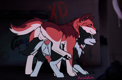 alley anal anal_penetration animal_genitalia animal_penis anus back_alley bag balls black_body black_fur canine_genitalia canine_penis doggystyle duo erection feral feral_on_feral feral_penetrated feral_penetrating feral_penetrating_feral from_behind_position fur genitals graffiti graffiti_on_wall knot knotted_penis male male/male male_penetrated male_penetrating male_penetrating_male open_mouth paws penetration penile penis red_body red_fur sex smile street tail tongue trash_bag trash_can white_body white_fur mochasplash akira_(wolflatte) loki_(wolflatte) border_collie canid canine canis collie domestic_dog herding_dog mammal pastoral_dog sheepdog wolf digital_media_(artwork) hi_res