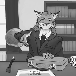 accessory anthro black_clothing black_suit bookshelf briefcase clothing countershade_face countershade_hands countershading curtains_open ear_tuft furniture globus_polski hair long_hair male necktie office pawpads pen reaching_towards_viewer smile smiling_at_viewer smug_face solo suit tuft ricky_arts felid feline humanoid lynx mammal 1:1 2025 monochrome