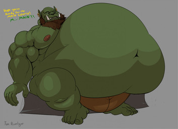beard belly belly_inflation big_belly big_muscles bloated dialogue facial_hair green_body green_skin huge_belly huge_muscles hyper hyper_belly inflation male musclegut muscular muscular_arms obese obese_male overweight overweight_male pecs solo stuffing text tusks vhyena humanoid orc
