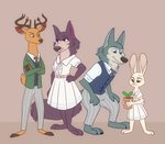 2020 anthro antlers barefoot beastars brown_background brown_body brown_fur canid canine canis cervine clothed clothing crossed_arms crossover deer disney domestic_rabbit dress dwarf_rabbit eye_contact feet female fully_clothed fur grey_body grey_fur group haru_(beastars) holding_object horn juno_(beastars) lagomorph legoshi_(beastars) leporid looking_at_another louis_(beastars) male mammal netherland_dwarf_rabbit nivarra oryctolagus plant plant_pot plantigrade potted_plant rabbit red_deer simple_background standing style_parody white_body white_fur wolf zootopia