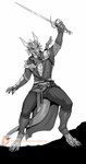 2_horns 5_fingers anthro armor barefoot belly_scales belt big_tail biped bottomwear clothed clothing digitigrade ear_frill feet fingers frill_(anatomy) front_view fully_clothed holding_melee_weapon holding_object holding_sword holding_weapon horn humanoid_hands long_tail looking_at_viewer male melee_weapon open_clothing open_shirt open_topwear pants pauldron scales shirt simple_background solo standing sword tail tapering_tail thick_tail topwear weapon white_background silgiriya_mantsugosi boosty european_mythology mythology dragon mythological_creature mythological_scalie scalie western_dragon wingless_dragon 2023 absurd_res cel_shading digital_drawing_(artwork) digital_media_(artwork) greyscale hi_res monochrome shaded watermark