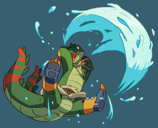 2_tails anthro attack belt chain_necklace clothed clothing featureless_crotch footwear green_body jewelry male multi_tail necklace open_mouth simple_background solo tail teeth water flookz legendz dandy_(legendz) crocodile crocodilian reptile scalie