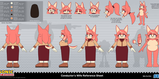 anthro bottomwear breasts clothing color_swatch female front_view fur gloves hair handwear male nude pink_body pink_fur ponytail rear_view skirt text three-quarter_view yellow_eyes deegeemin sega sonic_the_hedgehog_(series) the_murder_of_sonic_the_hedgehog conductor's_wife_(sonic) dr._eggman sonic_the_hedgehog akita canid canine canis domestic_dog eulipotyphlan hedgehog human mammal spitz absurd_res english_text hi_res model_sheet official_art