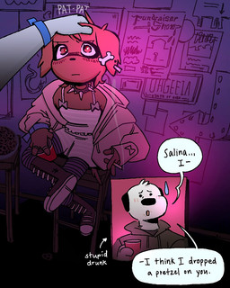 anthro bar black_nose blush brown_body brown_fur cigarette clothing collar dialogue drunk duo ear_piercing eyeliner female fur hoodie makeup male petting piercing solo_cup speech_bubble substance_intoxication text topwear white_body white_fur ohgeeia canid canine canis domestic_dog mammal 2025 4:5 comic english_text hi_res