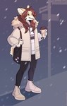 anthro beverage coffee female solo tongue winter headoctopus shinma canid canine canis domestic_dog mammal shiba_inu spitz snowy_(disambiguation) absurd_res hi_res
