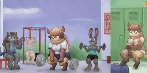 abs anthro bag biceps big_breasts blush breasts chair clothed clothing duffel_bag duo exercise female fur furniture grey_body grey_fur gym hair locker long_ears muscular nipples open_mouth panties sitting topless underwear weights arkomeda smudge_proof disney zootopia judy_hopps bovid canid canine caprine domestic_pig felid goat lagomorph leporid mammal rabbit suid suine sus_(pig) 2016 digital_media_(artwork)