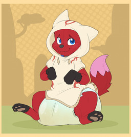 ambiguous_gender anthro big_diaper black_body black_nose blue_collar blush blush_lines bodily_fluids border brown_pawpads clothed clothing collar cosplay diaper dipstick_tail dotted_background fangs genital_fluids gloves handwear huge_diaper leg_markings markings mountain multicolored_body onesie open_onesie orange_background orange_border pattern_background pawpads pink_body pink_tail_tip plant plushie red_body red_tail seam_(sewing) simple_background sitting smile socks_(marking) solo tail tail_markings teeth tree two_tone_tail unclean_diaper urine used_diaper wearing_diaper wet_diaper bubblepuppers capcom okami_(capcom) amaterasu_(okami) omikron_(diaperplush) animate_inanimate canid canine fox living_plushie mammal hi_res
