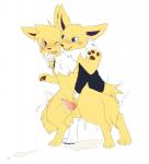 3_toes anal anal_penetration balls blue_eyes blush bodily_fluids bottomless brown_eyes churroshiba clothed clothing cum cum_inside cum_while_penetrated cumshot duo eeveelution ejaculation erection feet feral fur generation_1_pokemon genital_fluids genitals hands-free jolteon male male/male male_penetrated male_penetrating male_penetrating_male nintendo orgasm pawpads penetration penis pokemon pokemon_(species) raiken_(xdarkthunder) scar semi-anthro sex simple_background tapering_penis toes white_background white_body white_fur yellow_body yellow_fur