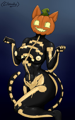anthro big_ears black_body body_art bodypaint breasts cat_tail female food for_a_head fruit glistening glowing glowing_eyes golden_body nipples nude nude_anthro paint paint_drip painted_breasts plant pumpkin pumpkin_head raised_leg simple_background solo standing tail claudywewe epic_games fortnite spice_(fortnite) object_head 5:8 absurd_res hi_res