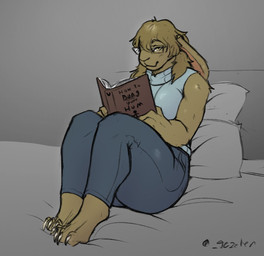 anthro barefoot blue_bottomwear blue_clothing blue_pants blue_topwear book bottomwear claws clothed clothing eyewear feet female female_anthro fur glasses hair holding_book holding_object long_ears looking_at_viewer mouth_closed pants pillow rectangular_glasses sitting solo tan_body tan_eyes tan_fur tan_hair toe_claws topwear jezzlen lagomorph leporid mammal rabbit colored_sketch hi_res signature sketch