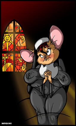 anthro bite biting_lip biting_own_lip blush breasts church clothing crescent_moon female green_eyes hair holy lips moon nipple_outline nun praying red_hair round_ears sagging_breasts self_bite solo stained_glass sun translucent translucent_clothing window dutch_(artist) misty_the_mouse misty_(dutch) house_mouse mammal mouse murid murine rodent 2012