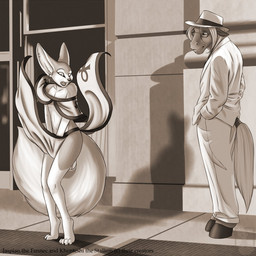 ambiguous_gender ankh anthro big_tail claws clothed clothing covering duo ear_piercing egyptian eyeliner eyewear femboy fluffy fluffy_tail glasses hat headgear headwear hooves jewelry looking_down makeup male open_mouth parody piercing robe shocked smile standing street suit surprised tail wardrobe_malfunction wind wind_lift nateday the_seven_year_itch jaspian khenteshi marilyn_monroe canid canine equid equine fennec_fox fox horse mammal true_fox 1:1 2014 hi_res monochrome sepia