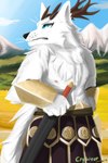 anthro armor blue_eyes bottomwear brown_horn clothed clothing cloud cornfield detailed_background farm field food fur holding_object holding_weapon horn male melee_weapon metal mountain mouth_closed nipples plant sky solo sword tail teeth tree weapon wheat white_body white_fur crybitur canid canine canis deer hybrid mammal wolf 2:3 absurd_res hi_res