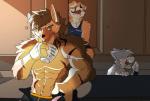 2018 abs anthro biceps bottomwear canid canine canis clothed clothing container cup domestic_dog fur german_shepherd group herding_dog holding_object husky inside kerestan male mammal muscular muscular_male nordic_sled_dog open_mouth pastoral_dog pecs scar shirt shorts spitz tank_top topless topwear underwear undressing yawn zheman
