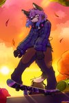 anthro autumn backpack beverage_can black_body black_fur brown_body brown_fur cigarette clothed clothing electronics flannel_shirt fur half-pipe headphones leaf looking_at_viewer low-angle_view male pantsless plant skateboard skateboarding solo sunset tan_body tan_fur tree vehicle catjam_(artist) canid canine mammal hi_res