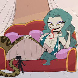 anthro apode big_breasts bikini bikini_top breasts cleavage clothed clothing duo eyeshadow fangs female forked_tongue furniture green_hair hair hand_on_hip larger_female legless long_hair long_tongue lounging lying makeup on_side on_sofa pillow ponytail purple_eyeshadow serpentine silhouette size_difference small_waist smaller_human sofa swimwear teeth tongue two-piece_swimsuit wide_hips yellow_eyes nelljoestar one_piece boa_sandersonia draconcopode human mammal naga reptile scalie snake 1:1 2024 hi_res