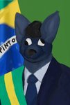 anthro black_hair black_nose blue_body blue_fur blue_necktie brazil brazilian_flag canid clothed clothing derp_eyes digital_media_(artwork) flag flag_background fully_clothed fur hair jair_bolsonaro khino male mammal necktie portuguese_text president simple_background solo suit text translated