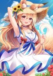 blonde_hair bracelet breasts clothing dress female furgonomics hair hand_behind_head hat headgear headwear jewelry open_mouth outside raised_arm sky solo straw_hat sakura_ani animal_humanoid canid canid_humanoid canine canine_humanoid fox_humanoid humanoid mammal mammal_humanoid 2022 hi_res