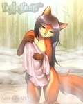 anthro black_hair female female_anthro forehead_gem fur gem hair hot_spring onsen orange_body orange_fur outside solo towel water wet yellow_eyes abluedeer bethellium zoana_(bethellium) canid canine fox mammal 2020 4:5 hi_res