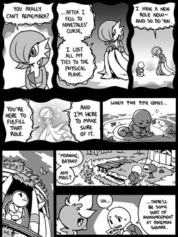7_panel_comic ambiguous_gender beak biped black_eyes black_text bodily_fluids building cloud crouching dialogue ellipsis eyes_closed feathers feet feral getting_up grass group hair hair_over_eye holding_object holding_paper looking_at_another looking_up mailbox motion_lines mouth_closed one_eye_obstructed open_mouth outside paper plant pupils question_mark shell sitting sky speech_bubble standing sweat sweatdrop tail talking_to_another talons text toes tongue trio white_sclera flavia-elric nintendo pokemon pokemon_mystery_dungeon spike_chunsoft bayani_(yapc) reina_(yapc) gardevoir generation_1_pokemon generation_3_pokemon humanoid pokemon_(species) squirtle torchic 2025 3:4 comic english_text monochrome