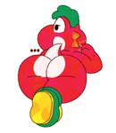 anthro big_butt bubble_butt butt claws clothing dots finger_claws footwear footwear_only green_hair hair head_tuft male mostly_nude nude scratching tuft unaware ichoric_glass mario_bros nintendo fan_character red_yoshi yoshi hi_res