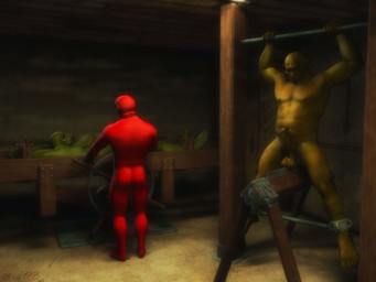 balls bar bdsm bondage bound butt cock_and_ball_torture dominant dominant_male erection genital_torture genitals green_body green_skin group humanoid_genitalia humanoid_penis humanoid_pointy_ears lying male musclegut muscular muscular_male nude on_back pecs penis pointy_ears predicament_bondage rear_view red_body red_skin restraints slightly_chubby spikes spread_legs spreader_bar spreading standing submissive submissive_male three-quarter_view torture tusks corwyn humanoid orc 4:3 digital_media_(artwork)