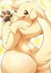 abstract_background anthro big_butt blonde_hair breasts butt chest_tuft female female_anthro fur gesture hair hand_on_breast happy kemono looking_back nude pawpads raised_tail solo tail tongue tongue_out tuft waving yellow_body yellow_eyes yellow_fur ukan_muri chinese_zodiac year_of_the_dog canid canine canis domestic_dog mammal digital_media_(artwork)