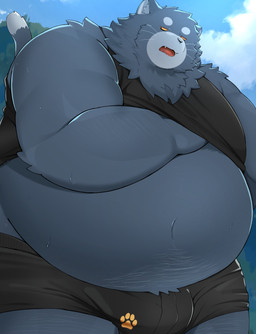 anthro belly big_belly biped black_clothing black_nose black_shirt black_topwear bulge clothing cloud kemono male open_mouth outside overweight overweight_male shirt solo topwear underwear trail_arnak domestic_cat felid feline felis mammal 2026 absurd_res hi_res