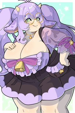 5_fingers big_breasts biped black_clothing black_dress border breasts cleavage closed_smile clothed clothed_female clothed_humanoid clothing cowbell cowlick dress eyebrow_through_hair eyebrows eyewear female female_humanoid fingers front_view glasses gradient_background hair hand_on_own_breast head_turned horn huge_breasts jewelry lace light_body light_skin long_hair mouth_closed necklace overweight overweight_female overweight_humanoid pigtails purple_bow purple_clothing purple_dress purple_ears purple_eyebrows purple_horn purple_ribbon round_glasses short_horn simple_background small_horn smile solo standing star star_necklace thick_thighs translucent translucent_hair white_border yellow_eyes yellow_eyewear yellow_glasses morningpanda vtuber moomochi_(moomochimoovt) animal_humanoid bovid bovid_humanoid bovine bovine_humanoid cattle cattle_humanoid horned_humanoid humanoid mammal mammal_humanoid 2023 2:3 absurd_res colored digital_drawing_(artwork) digital_media_(artwork) hi_res portrait shaded three-quarter_portrait