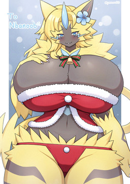 accessory anthro big_breasts biped breasts camel_toe cleavage clothed clothed_anthro clothed_female clothing female female_anthro flower flower_in_hair front_view fur hair hair_accessory hand_on_breast holidays huge_breasts plant pose solo text thick_thighs wide_hips yellow_body yellow_fur yamame513 christmas nintendo pokemon aurora_(nbanoob) generation_7_pokemon legendary_pokemon pokemon_(species) zeraora artist_name cel_shading digital_drawing_(artwork) digital_media_(artwork) english_text hi_res portrait shaded three-quarter_portrait