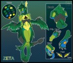 anthro feathered_wings feathers featureless_crotch female green_body male solo text wings atlas_(artist) zeta_the_ampwave ampwave humanoid english_text hi_res model_sheet