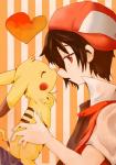 ambiguous_gender black_hair brown_body brown_fur clothed clothing duo eyes_closed feral fur hair hat headgear headwear heart_symbol male red_eyes simple_background yellow_body yellow_fur usagigahitori nintendo pokemon pokemon_trainer red's_pikachu red_(pokemon) generation_1_pokemon human mammal pikachu pokemon_(species) 2011 hi_res