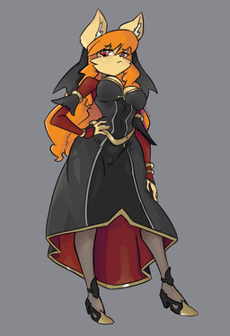 accessory anthro black_clothing breasts clothed clothing cosplay crossover_cosplay dress ear_tuft facial_tuft fangs female fingers footwear fur gold_(metal) gold_jewelry grey_background hair hand_on_hip hand_on_leg high_heels jewelry legwear long_hair looking_at_viewer looking_down looking_down_at_viewer orange_hair pantyhose pokemon_champion pose red_clothing red_eyes shoes simple_background solo standing teeth text topwear tuft unimpressed veil snoutless nintendo pokemon pokemon_masters undertale undertale_(series) undertale_yellow ceroba_ketsukane cynthia_(pokemon) canid canine fox mammal 2025 absurd_res artist_name crossover digital_drawing_(artwork) digital_media_(artwork) hi_res