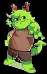 anthro bottomwear clothing eyewear facial_hair gesture glasses green_body green_tail hand_gesture horn legwear male male_anthro overweight overweight_anthro overweight_male rectangular_glasses shirt shorts tail topwear v_sign fungirussy mythology dragon mythological_creature mythological_scalie scalie 2024 alpha_channel