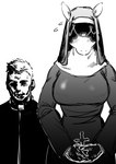 anthro blush bodily_fluids breasts christian_symbol christianity clothed clothing cross curvy_figure duo female fully_clothed holding_cross holding_object male nun pointed_cross priest religion simple_background smile standing sweat veil voluptuous kissxmaker demon equid human mammal 2018 absurd_res hi_res monochrome